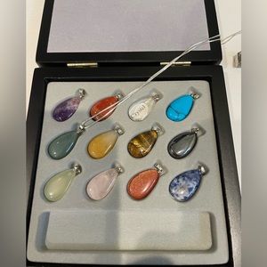 Gemstone Pendant Set with silver necklace. 12 multi color gemstone pendants NIB